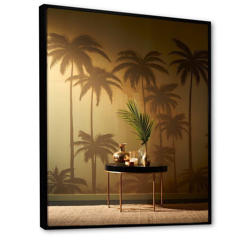 «Golden Grove Palm Tree Shadows» sur toile, H 44 po x l 34 po x P 1,5 po, Cadre flottant noir