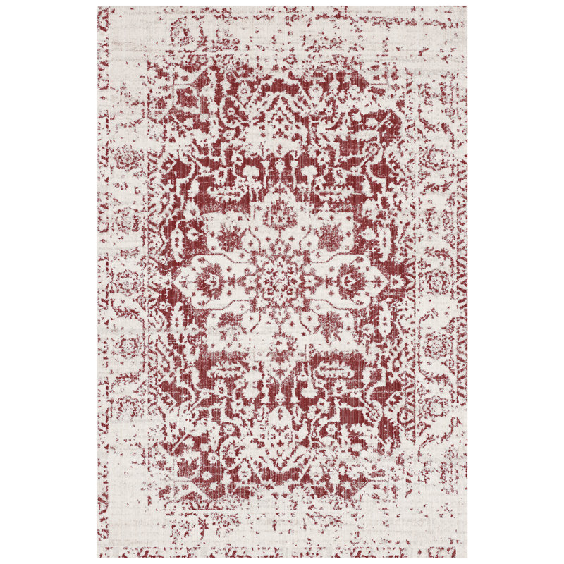Chezare Vintage Red & Ivory Medallion Rug - Washable, Foldable, Non-Slip Area Carpet for Living Room, Rectangle 6' x 9'