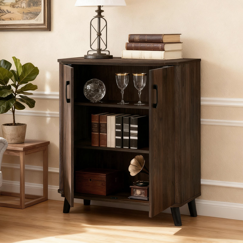 31.5" W Walnut Storage Cabinet with Doors, Mid-Century Modern Cabinet