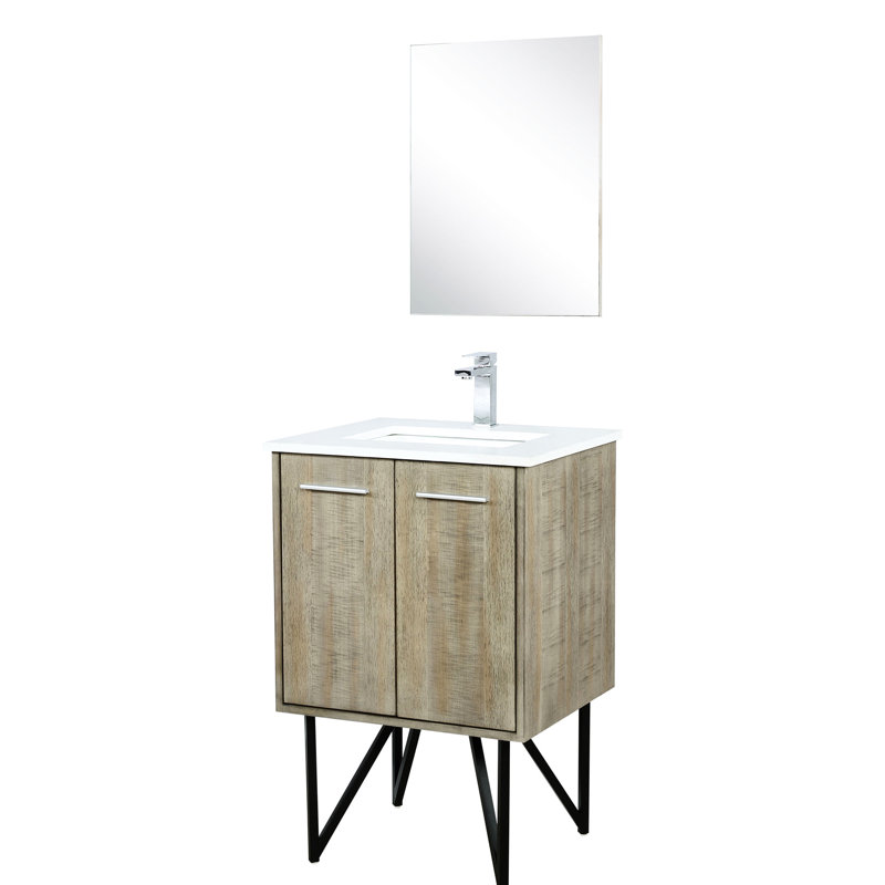 24 In. W Rustic Vanity For Bathroom, White Quartz Countertop, Faucet And 18 Wall - Mounted Mirror Sophisticated Decorated Bathroom Bath Featuring Surface, Elegant