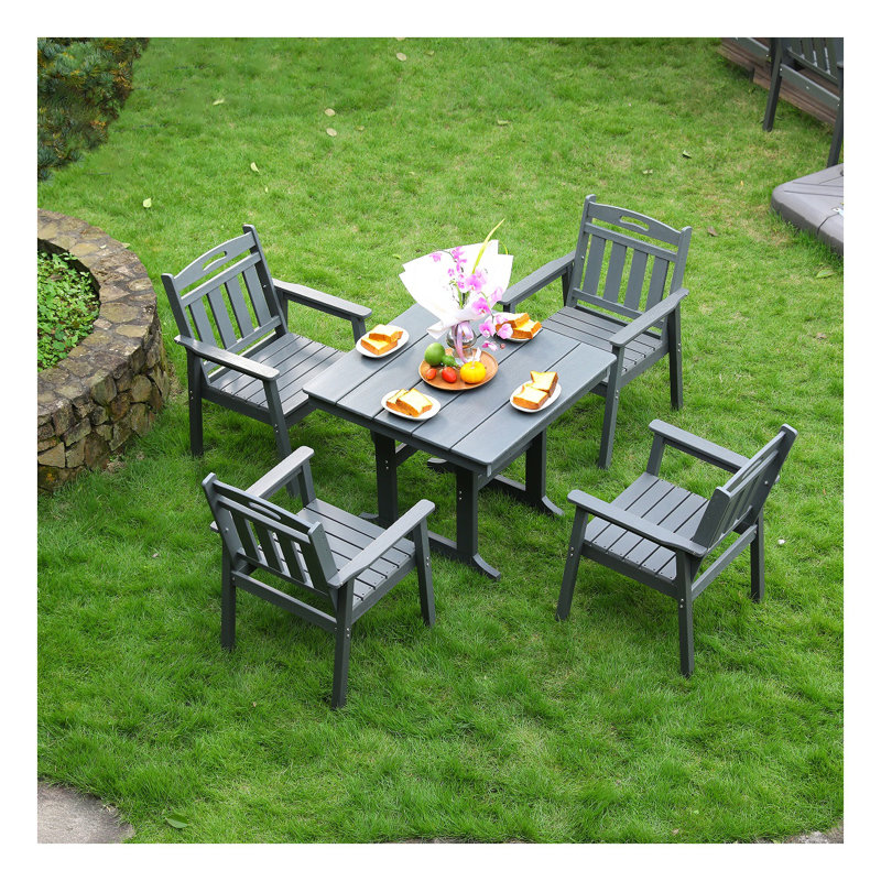 Ensemble de salle à manger de patio carré en PEHD gris avec table et 4 chaises Adirondack