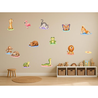 Kids Yoga Animal Wall Decals, Set of 12 Educational Peel and Stick Wall Stickers, Classroom Playroom Decor, Kids Learning Wall Art, 20"W x 20"H (50 x 50 cm)