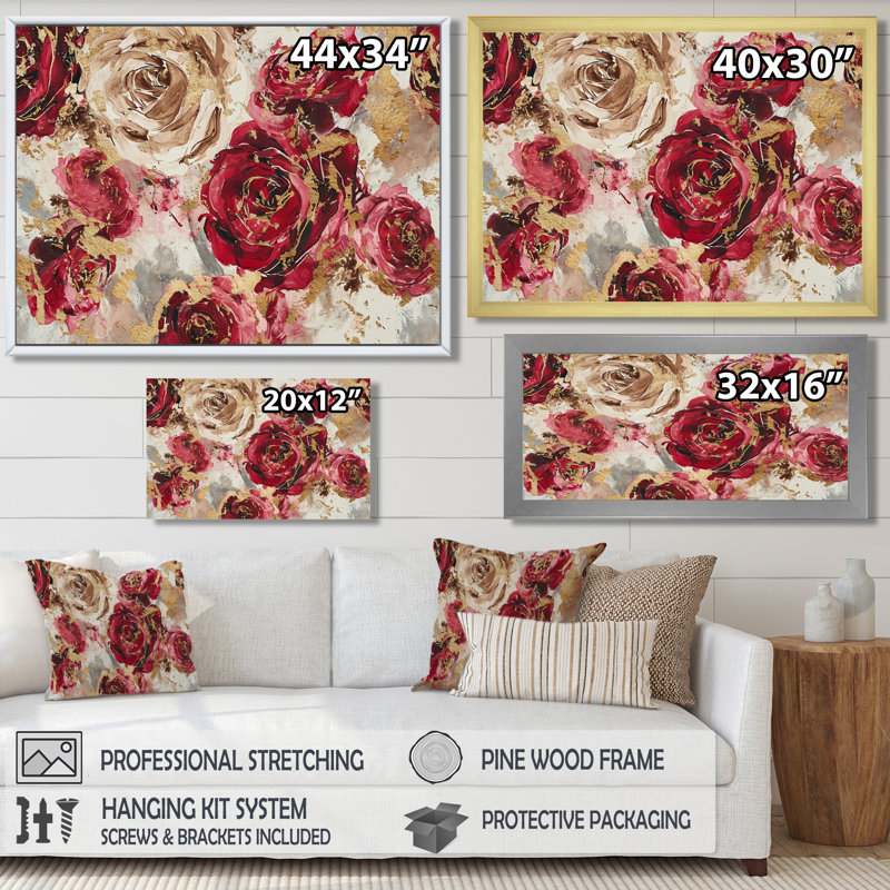 Rouge, rouge, rose, grunge, or, roses, art mural, salon, Toile avec cadre flottant brun, H 30 po x l 40 po x P 1,5 po