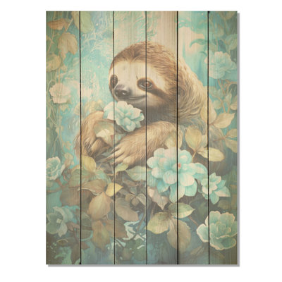 Turquoise Tranquility Flower Sloth - Sloth Wood Art On Natural Pine Wood