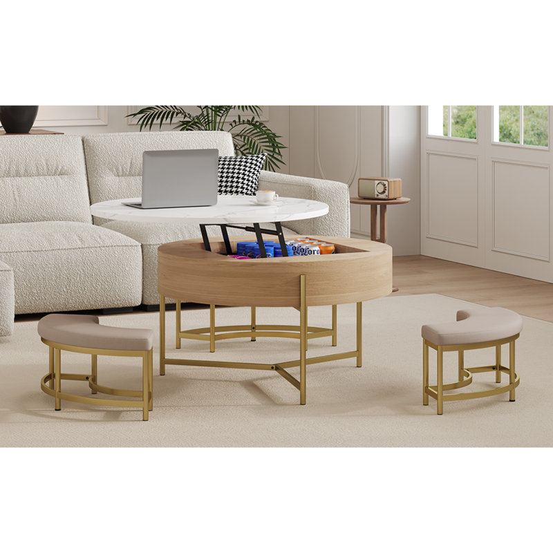 Table basse moderne à plateau relevable avec rangement et 3 repose-pieds blanc et naturel, Naturel / or / beige