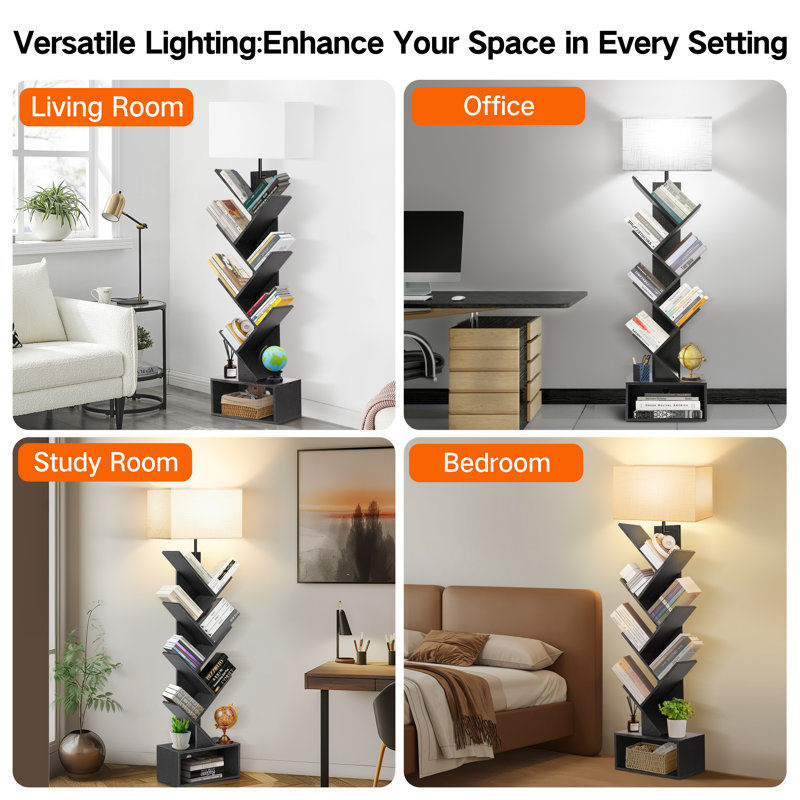 57" LED Tree Floor Lamp with Bookcase and Remote Control, White, Black