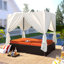 Méridienne d'extérieur double avec rideaux, lit d'extérieur de patio avec dossier réglable, canapé-lit à structure en acier robuste pour la cour arrière, terrasse, terrasse