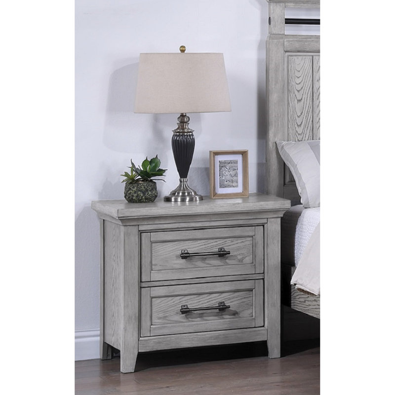 Table de chevet transitionnelle pour chambre à coucher avec finition grise et deux tiroirs - style et fabrication