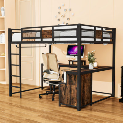 Queen Metal Loft Bed With Desk And Storage Drawers