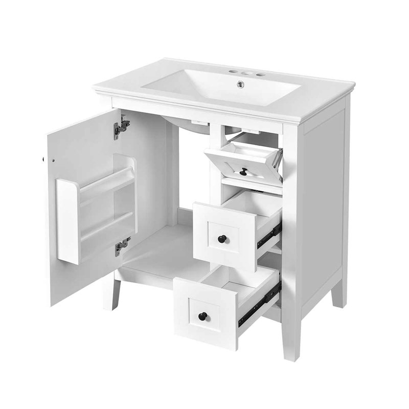 Meuble-lavabo moderne avec lavabo en céramique 30 po et 3 tiroirs, Blanc
