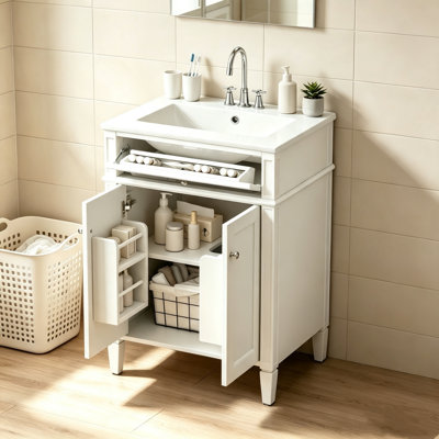 24 Inch White Bathroom Vanity with Ceramic Sink, Soft Closing Doors and Tip-Out Drawer, Freestanding Bathroom Storage Cabinet with Organizers & Adjustable Shelf for Small Bathroom