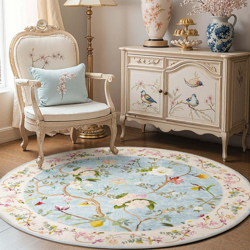 Chinoiserie Vintage Floral Rug Washable Non-slip, Round 6', Blue/Pink