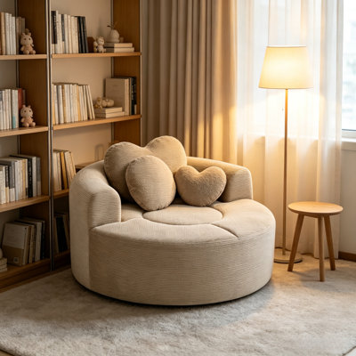 55.2'' Round Memory Foam Sofa Bed with 2 Pillows, Earthy Brown Cloud Couch for Small Living Room Apartment, No-Assembly Convertible Sleeper Chair with Heart-Shaped Backrest & Waffle Fabric