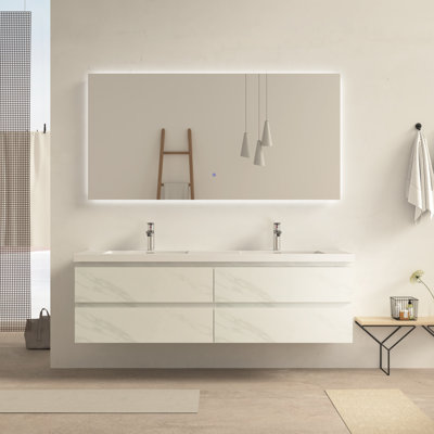 Meuble-lavabo mural double 72 po avec comptoir en pierre blanc brillant 72 po