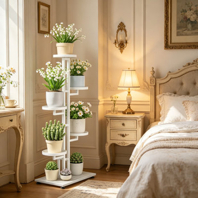 Support pour plante robuste en métal à 5 niveaux avec base en bois, étagères intérieures robustes à plusieurs niveaux pour les fleurs, les herbes, les cactus et les plantes d'intérieur, conception verticale peu encombrante