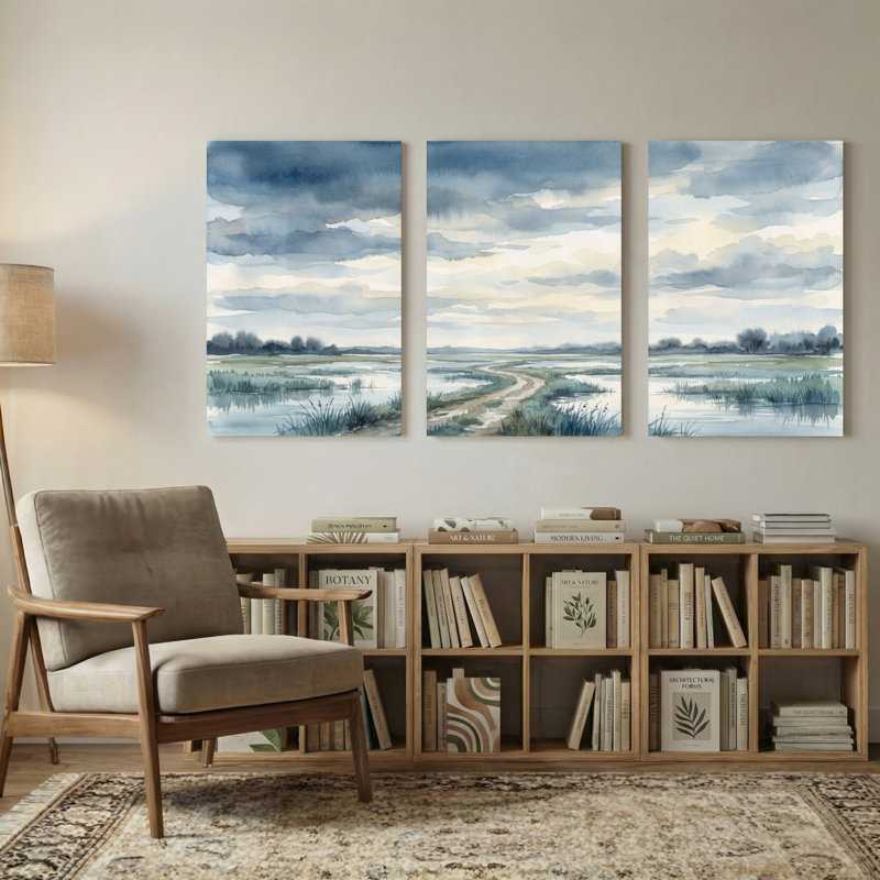 Plantes et fleurs, paysage aquarelle avec ciel nuageux et sentier des marais, ensemble de 3 impressions sur toile