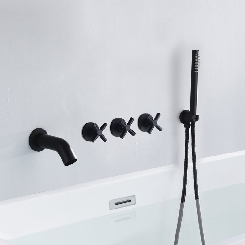 Robinet de baignoire triple à poignée en croix, robinet de baignoire cascade avec douche à main, Noir mat