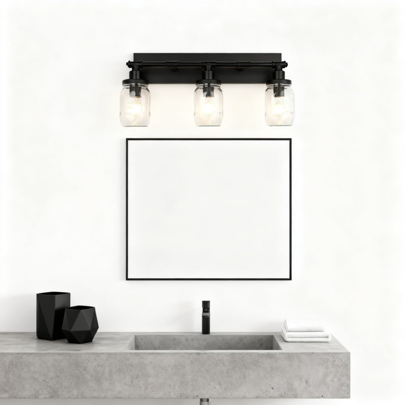 Éclairage pour meuble-lavabo de salle de bain 3 lumières avec abat-jour en verre transparent, applique murale de style campagnard industriel pour miroir de salle de bain, chambre à coucher et couloir, finition noire mate 23 po
