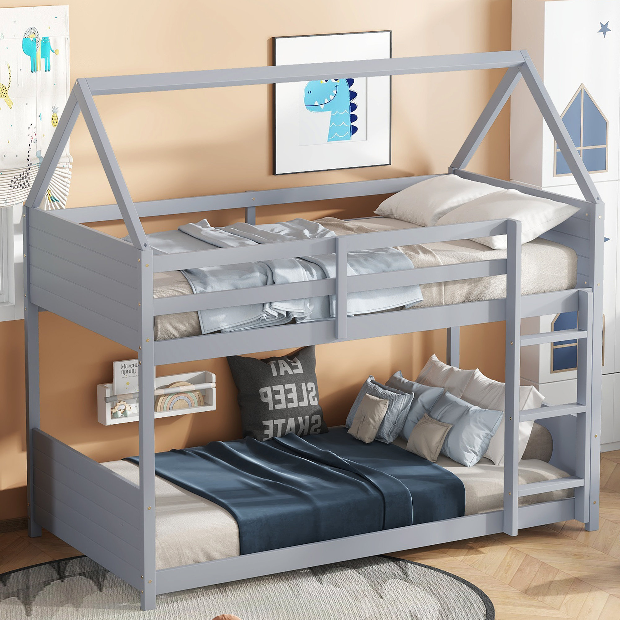 Latitude Run® House-style Twin Bunk Bed With Safety Guardrails & Built ...