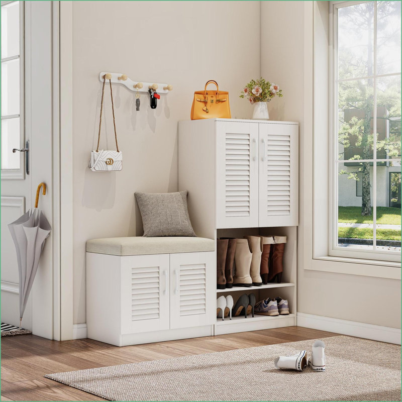 Shoe Storage Cabinet with Bench, Adjustable Shelves &amp; 7+3 Compartments | Snow White | Particle Board+MDF | Entryway