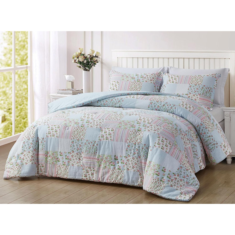 Floral Printed Patchwork Lightweight Washed Cotton Comforter Set, Full/Double Comforter  + 2 Standard Shams