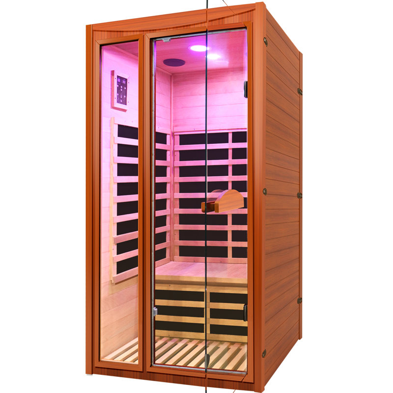 Sauna infrarouge lointain pour 2 personnes compatible avec haut-parleurs Bluetooth, sept couleurs et lampes de lecture (bois Okoume)