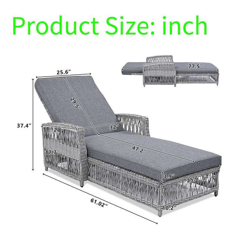 Chaise longue de patio réglable avec accoudoirs, chaise longue en résine tressée durable avec coussins de 4 pouces pour la piscine, la terrasse et le balcon