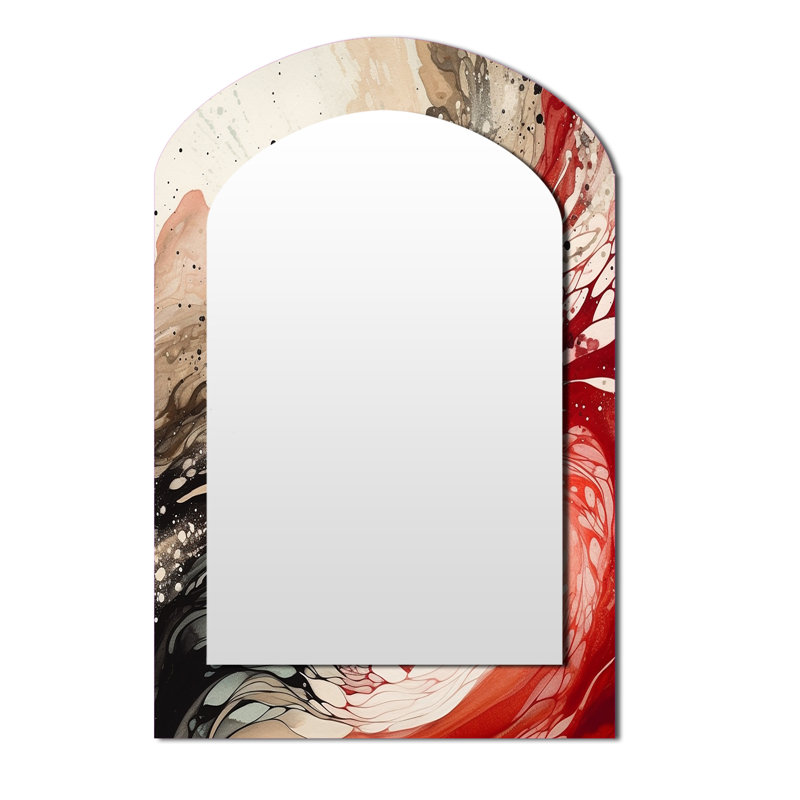 Agate rouge rouge et noire I - miroir mural unique à arche abstraite, miroir asymétrique moderne, impression d'art en métal