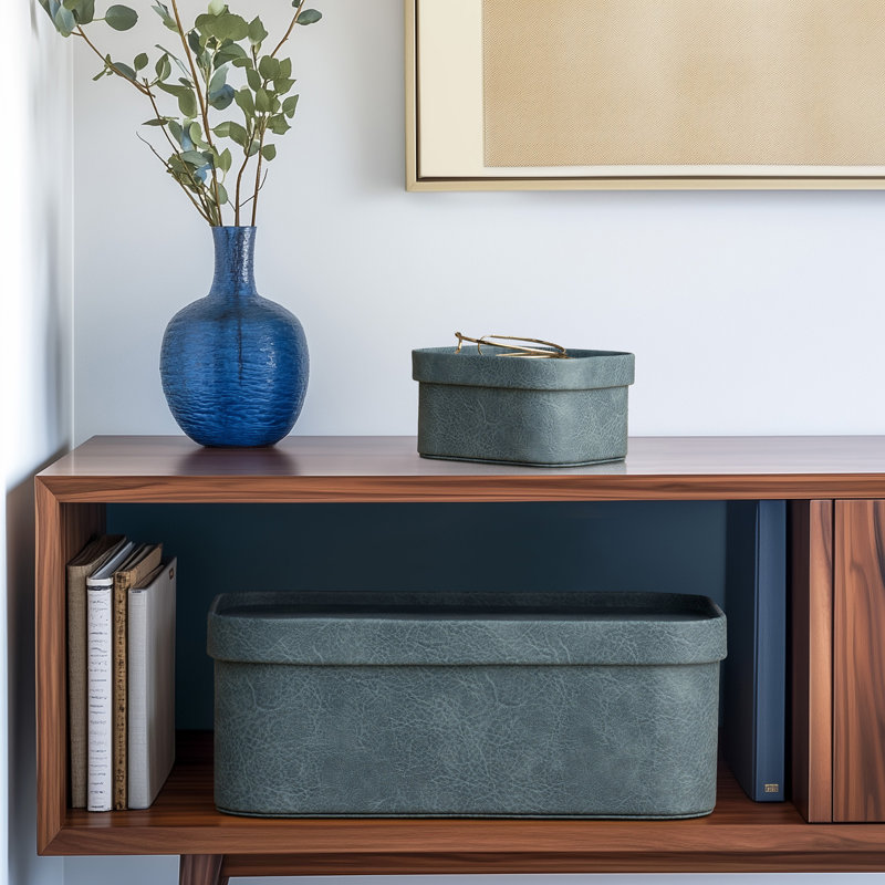 Corrugated Paper Rectangular Storage Box With Vegan Leather Lid Set 3, Gray-blue
