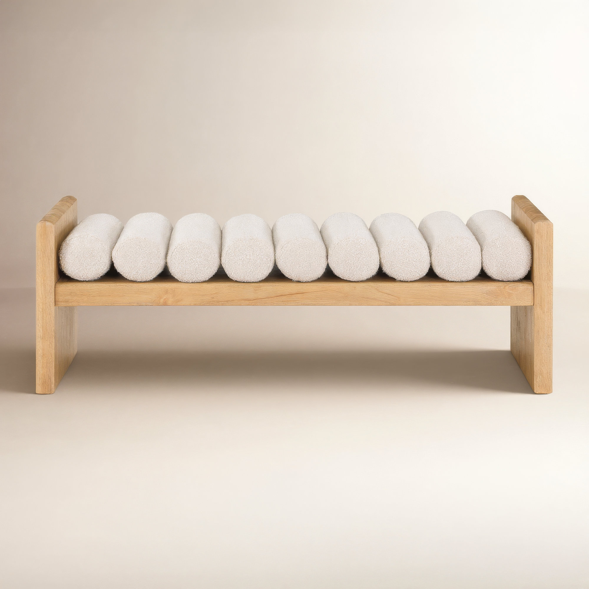 Reeves Boucle Wood Bench, Cream Boucle Fabric / Natural Finish, 18" H x 52" W x 19" D