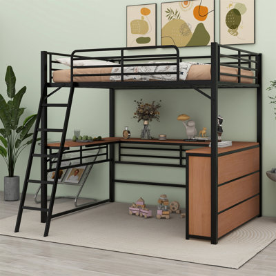 Twin Size Metal Loft Bed With Shelves And L-Shaped Desk by Mason & Marbles