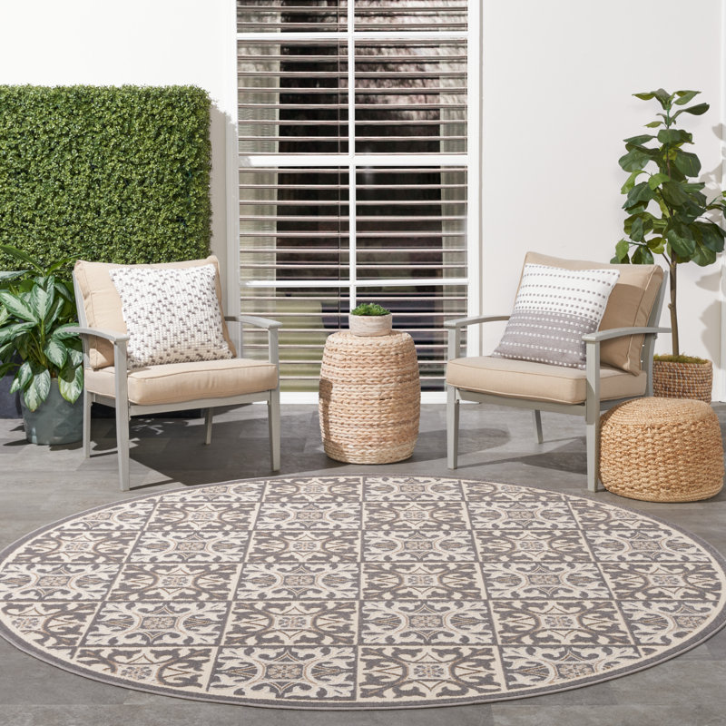 Aloha  Geometric Ivory/Grey Indoor/Outdoor Area Rug, Round 7'10"