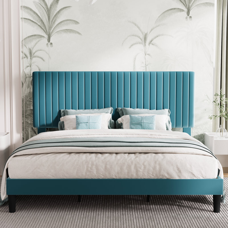 Dunphy Upholstered Platform Bed with Adjustable Headboard, King, Acid Blue