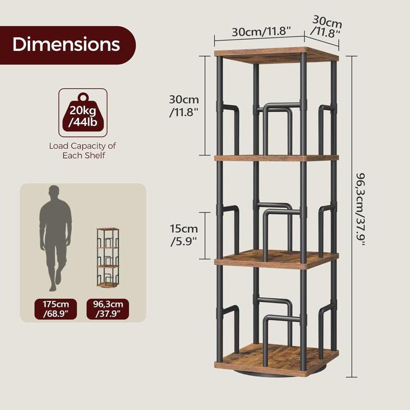 3-Tier Rotating Bookshelf With 360° Spinning Base, Industrial Style Freestanding Corner Bookcase With Metal Rails, Multi-Tier Storage Rack For Living Room, Bedroom, Study