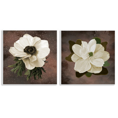 Ensemble de 2 plaques murales fleurs blanches sur fond brun, design par Jennifer Stith