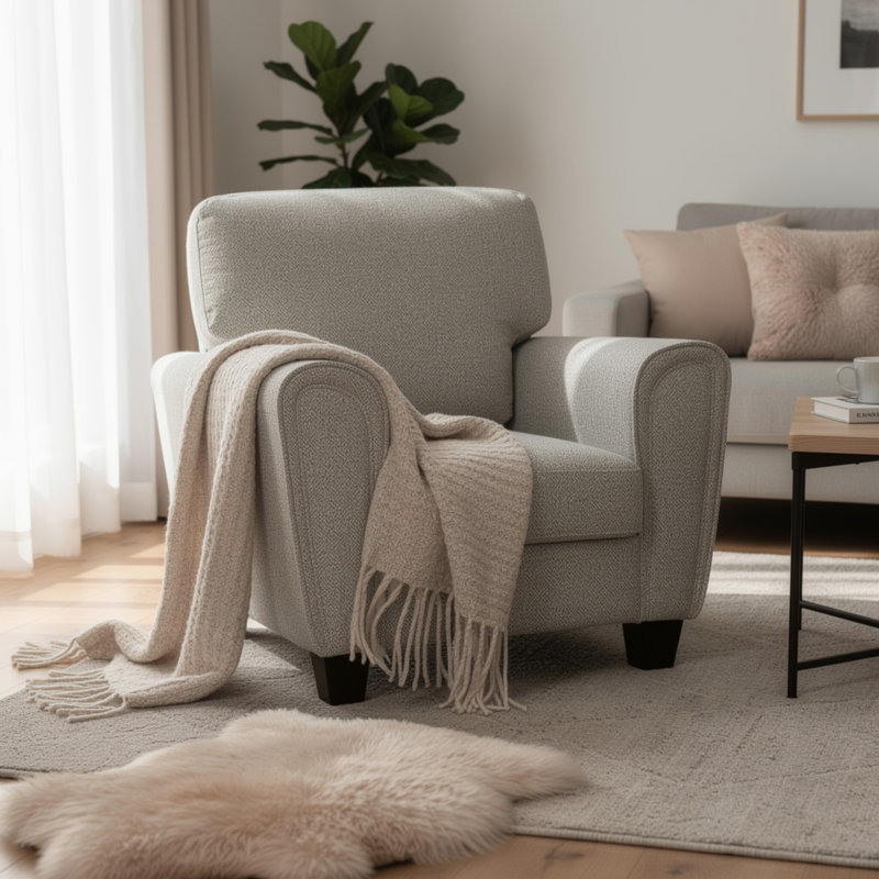 Fauteuil avec coussin réversible Loi, chenille gris transitionnel Loi