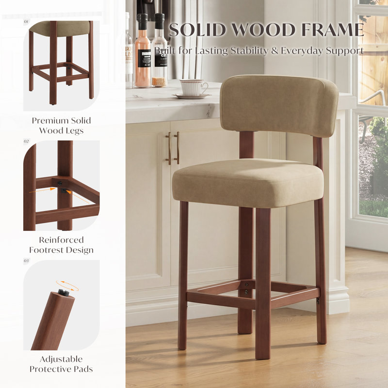Upholstered Bar Stool with Solid Wood Frame, Camel