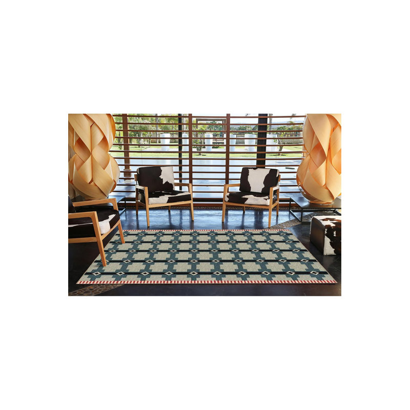 Tapis tissé à motif géométrique bleu et gris, Sous-tapis rectangulaire 2 pi 6 po x 4 pi 11 po