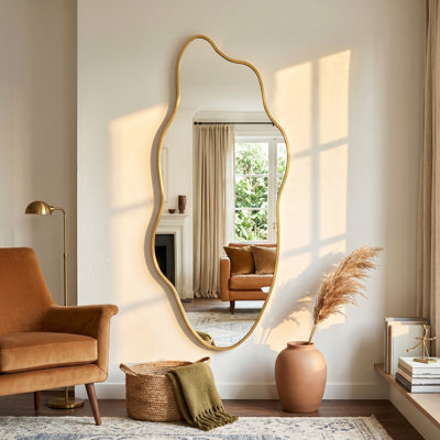 Modern Irregular Wall Mirror For Bathroom, Gold Framed Bathroom Mirror, Decorative Asymmetrical Wall Mirror For Vanity, Living Room & Entryway