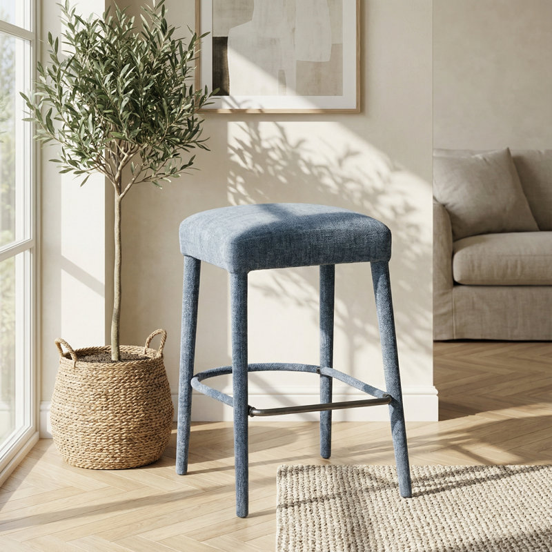 Tabouret de bar moderne rembourré en tissu avec siège rembourré et repose-pieds - Ensemble de 2 tabourets à hauteur de comptoir peu encombrants pour îlots et bars
