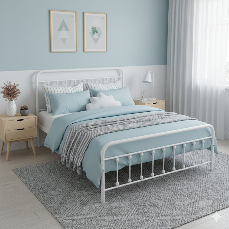 Base de lit plateforme en métal avec tête et pied de lit de style victorien. Offre un rangement sous le lit et ne nécessite pas de sommier. Grand lit, finition blanche.