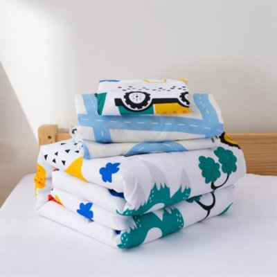 Ensemble de literie pour tout-petits 4 pièces pour bébés garçons, véhicules de camion d'arbre et pelles imprimées, comprend un édredon, un drap plat, un drap-housse et une taie d'oreiller, bleu