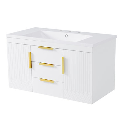 Meuble-lavabo mural 36 po avec lavabo en résine, armoire de rangement flottante avec 2 tiroirs, armoire de salle de bain en bois massif
