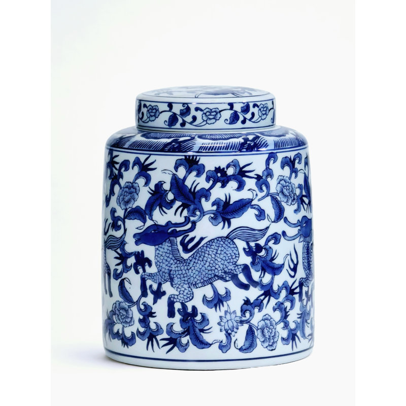 10" Porcelain Ginger Jar with Chinoiserie Deer Design, Blue/White