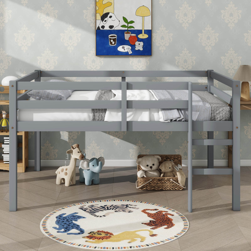 Lit mezzanine double avec échelle et garde-corps, cadre de lit bas avec espace de rangement, cadre de lit mezzanine en bois d'hévéa pour enfants adolescents