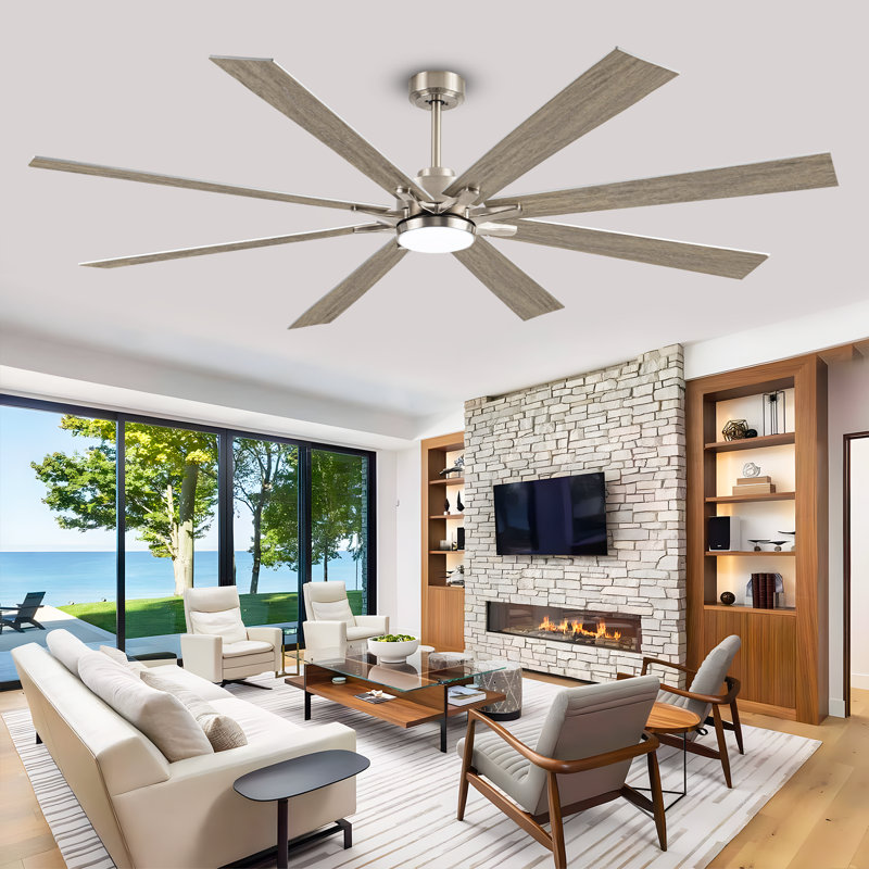 Large 8 Blade Ceiling Fan With Led Light And Smart Features, 72", Nickel, Oak Wood
