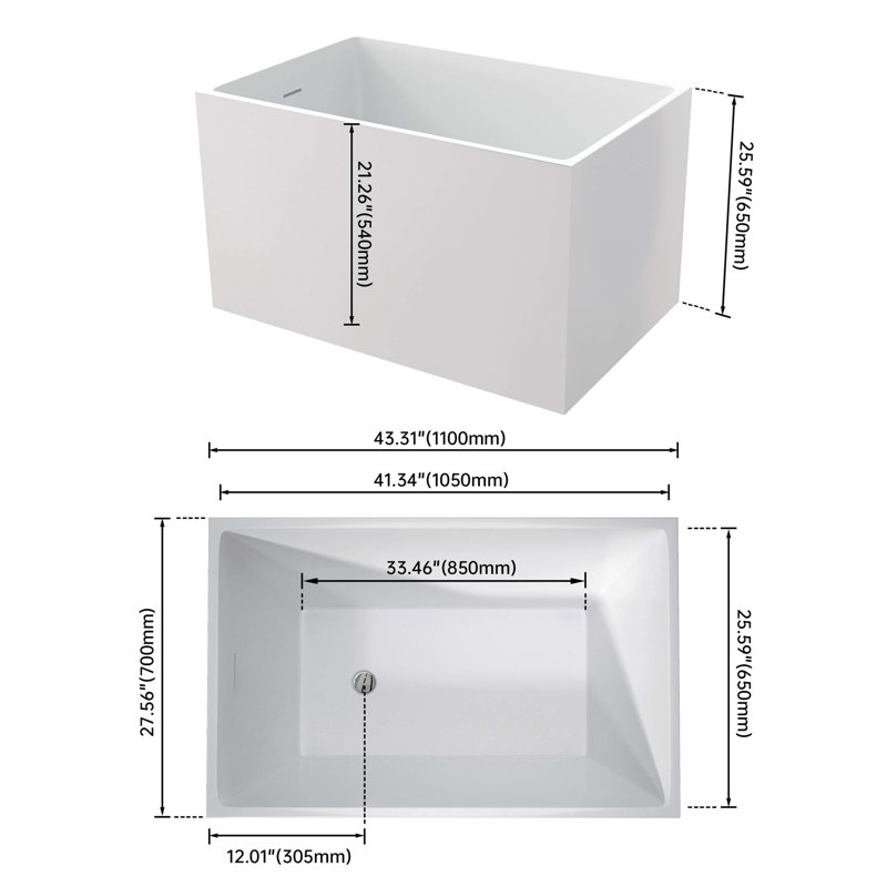 43" Acrylic Free Standing Bath Tubs Modern White Soaker Tub, White