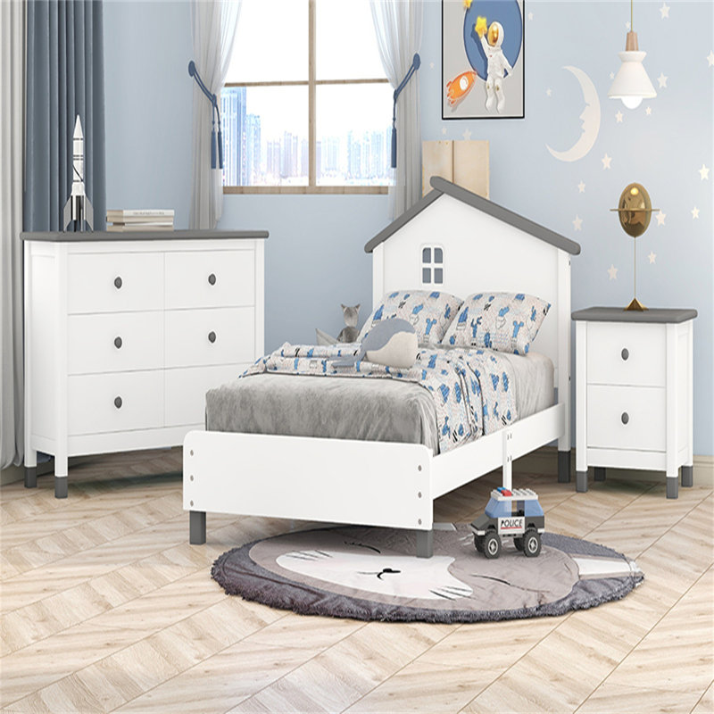 Ensemble de chambre à coucher 3 pièces avec lit plateforme simple avec table de chevet et commode, gris, Blanc