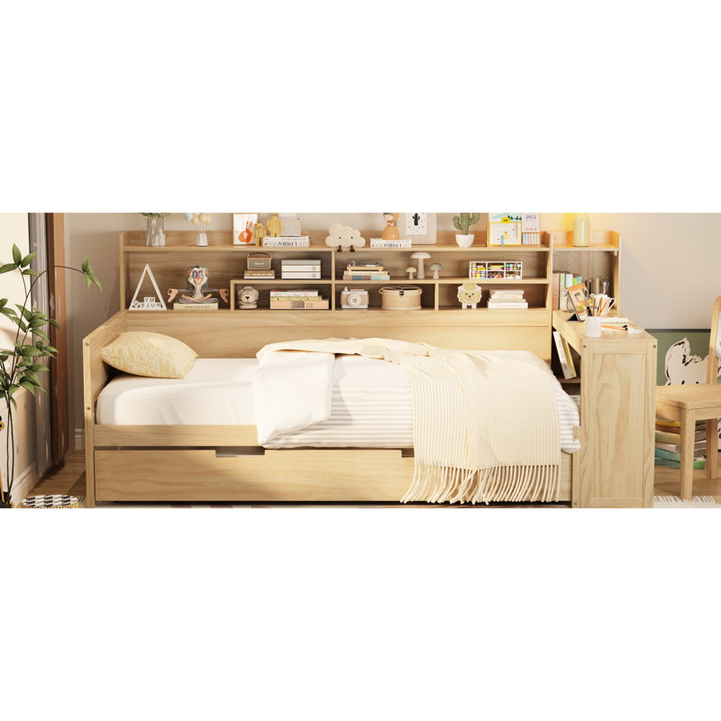 Lit de jour en bois avec lit gigogne simple et bureau pratique avec rangement - Fabrication en bois de qualité, Naturel