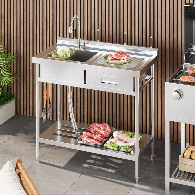 Stainless Steel Laundry Utility Sink with Built-In Wash Board, Drawer & Hot/Cold Faucet